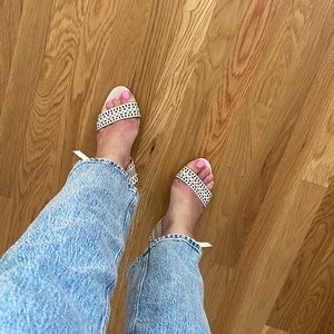 Schutz leather laser cut studded white block heel